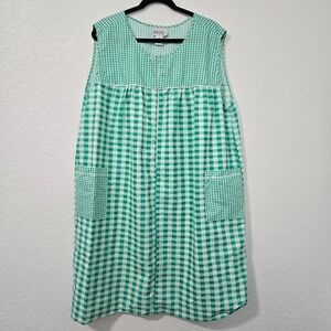 Cozee Corner Vintage 2X Gingham Green Sleeveless House Dress Pockets Cottagecore